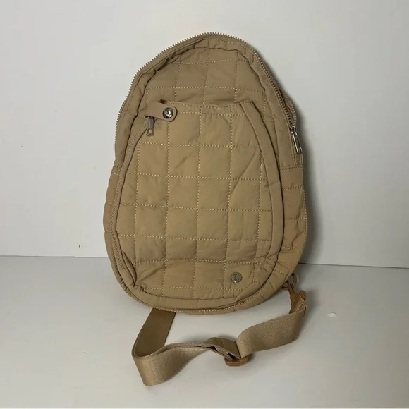 Tan Quilted Pickleball Puffer Sling Bag One Strap Shoulder Backpack - Picture 2 of 10